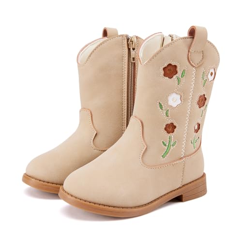 BMCiTYBM Toddler Girls Cowgirl Boots Little Kids Mid Calf Western Boots Flower Cowboy Boots Pointed Toe Riding Shoes Camel Size 9 Toddler
