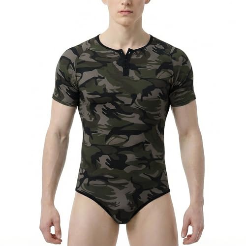 Enterizo de algodón para hombre con camuflaje y entrepierna a presión de manga corta CutiePlusU
