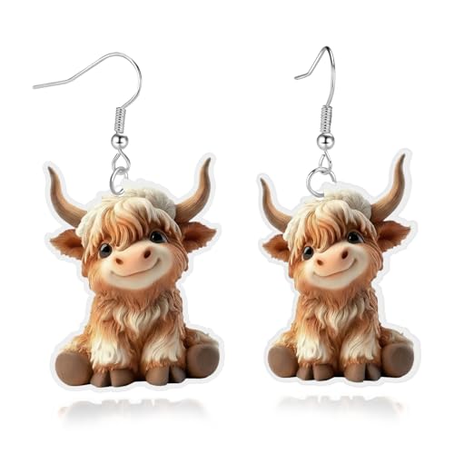 Joyline Highland Cow Lovers Gifts Highland Cow Earrings for Women Lightweight Acrylic Dangle Earrings Western Party Outfits Accessories (Beige)