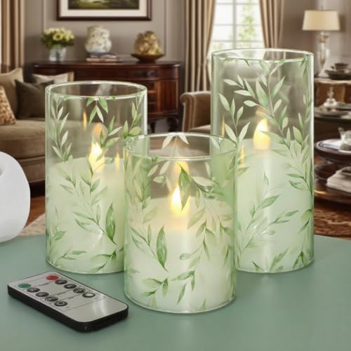 Image of Green Flameless Candles with Remote Control - Willow Leaf Design Battery Operated Candles - Elegant Home Christmas Spring Summer Decor Set of 3