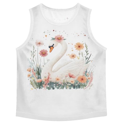 Boys Tank Top Shirts Watercolor Swan White Flower Sleeveless T-Shirts Crew Neck for Kids Clothing Children