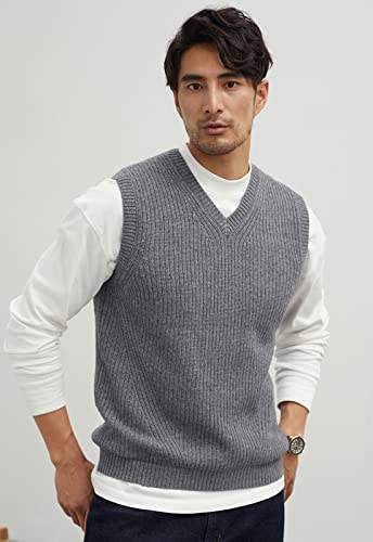 Zhilifs Mens V-Neck Knitted Sweater Sleeveless Pullover Knitwear Vest Solid Plain Loose Fit All Match Sweater Tops_Grey_Medium #TOP1