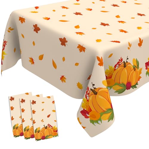 Image of Thanksgiving Tablecloth, 3 PCS Disposable Falls Table Cloth, 54 inchx108 inch Plastic Pumpkin Maple Leaves Autumn Rectangle Tablecloth Tables Cover for Thanksgiving Fall Autumn Home Party Table Decorations