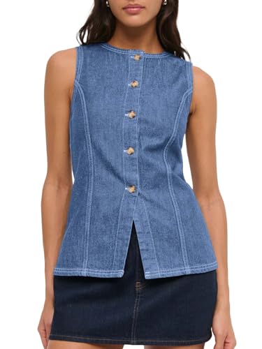 Mina Self 2025 Womens Button Down Denim Vest Tops Sleeveless Lightweight Crew Neck Casual Western Fashion Jean Jacket
