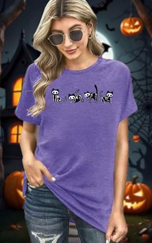 Halloween Shirts for Women: Embroidered Cat Graphic Tshirts Tops Skeleton Cats Short Sleeve Blouse4