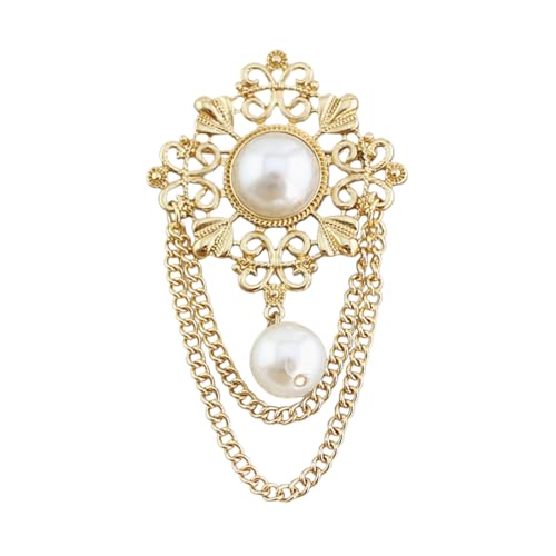 Vintage Round Pearl Filigree Flower Chain Tassel Brooches Lapel Pins for Women Girls Party Dance Banquet Dainty Boho Gold Dangle Drop Pin Dress Suit Clothes Accessories Jewelry