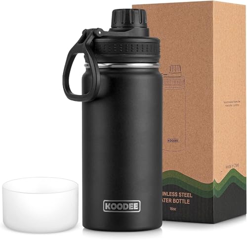Image of koodee 16 oz Water Bottle Stainless Steel Double Wall Vacuum Insulated Water Bottle for School Wide Mouth Sports Bottle with Leakproof Spout Lid (Black)