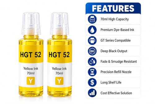 Image of ROHINK GT51 GT52 Ink Refill Dye Ink Compatible with HP Ink Tank 115, 310, 315, 319, 410, 415, 416, 419, 455, 500, 515, 530, 615, GT 5810, GT 5811, GT 5820 (HP HGT52 Yellow Pack 2)