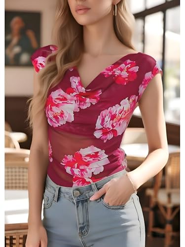 GERT COREL Women's Cowl Neck Sleeveless Top 2026 Sleeveless Ruched Floral Printed Shirts Summer Tank Tops Burgundy - image 2
