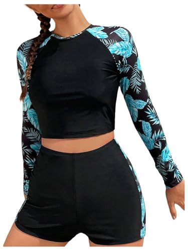 GORGLITTER Girl's Two Piece Swimsuits Boho Print Tankini Set Long Sleeve Crop Top and Boyshorts Bathing Suits