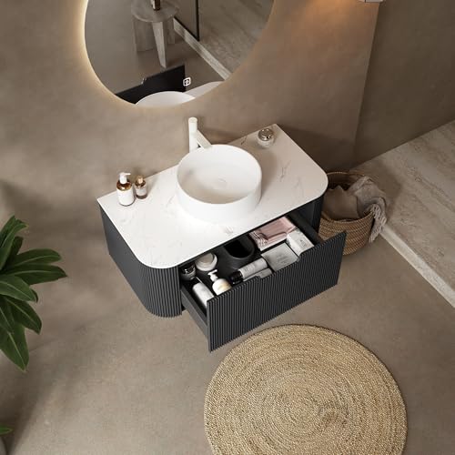 Image of KEIKI 36 inch Bathroom Vanity Cabinet with Sink Combo, Wall Mounted Curved Edges Striped Floating Bathroom Vanity with Soft-Close Drawer, White Round Ceramic Basin Without Faucet, Black
