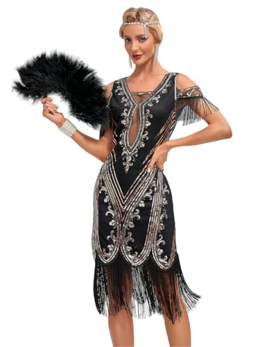 Viloree Femme Flapper 1920s Robe Soirée Longue Paillette Perlée Gatsby Robe Élégante Noir & Or XXL