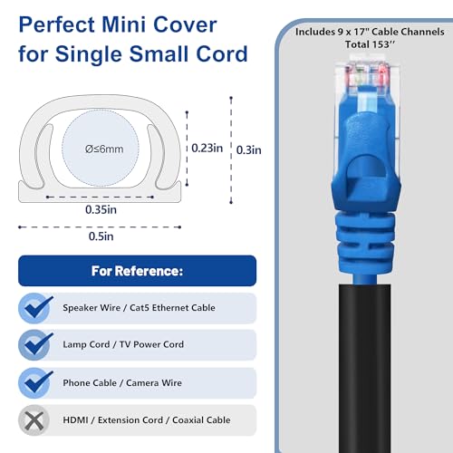 Image of One Cord Cover Wall 153in(9X L17in) - Mini Wire Hider, Wire Cover for Hiding Speaker Wire, Baby Monitor Cord - Paintable Wire Channel for Cable Concealer, W0.5in H0.3in, CMR05 Black