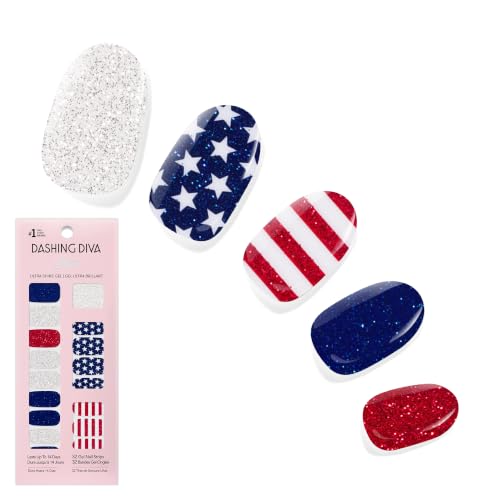 Dashing Diva Patriotic Gloss Nail Strips - Salute - UV Free Chip Resistant Long Lasting Gel Stickers - Contains 32 Wraps 1 Prep Pad 1 File
