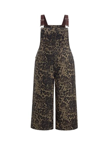 CIDER Womens Plus Size Denim Overall Leopard Bib Wide Leg Adjustable Strap Jean Jumpsuits with Pockets: Tan 1XL