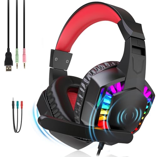 VCOM RGB Gaming Headset with Dual Interface (USB + 3.5mm) Wired Over-Ear Headphones with Mic Noise Cancelling Microphone RGB Lighting 3.5mm 2-in-1 Adapter for PC Laptop PS5 Xbox