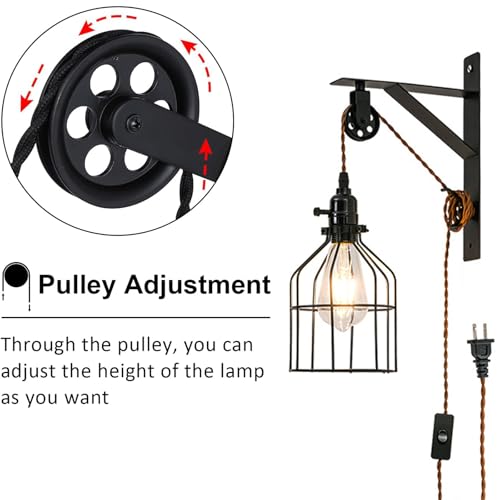Aplique de pared negro E27 de estilo industrial con polea regulable para salón (Pack de 2) 4