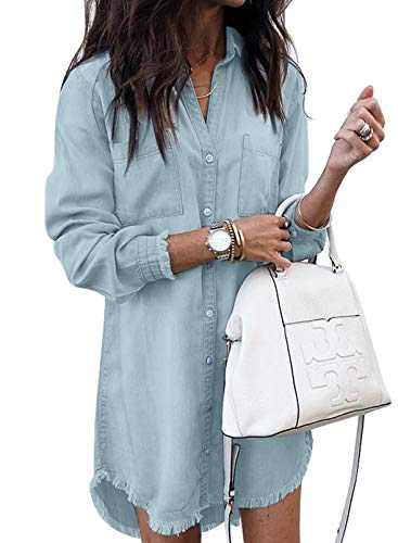 Happy Sailed Womens Denim Shirt Dresses Distressed Jean Dress Button Down Casual Tunic Shirt Top Medium Sky Blue