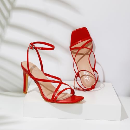 Image of Mostrin Strappy Heels for Women Square Open Toe Lace Up Heeled Sandals Ankle Strap Sexy Stiletto High Heels for Party, Prom, Dating, Wedding