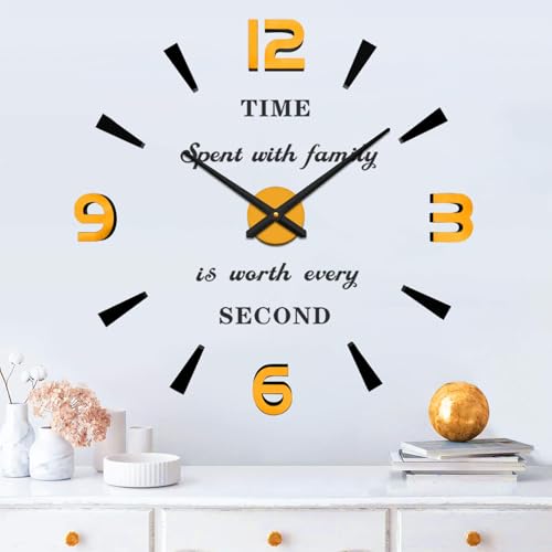 VANGOLD Reloj de Pared Grande de Bricolaje 3D sin Marco Pegatina de Pared Reloj de Pared Ideal para Decorar una Pared en Blanco en un Salón, Una Cocina o un Hotel (Negro Oro)