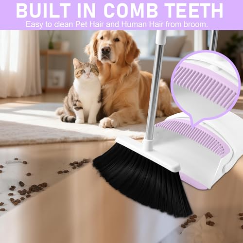 Image of Broom with Dustpan Combo Set for Home, 52-in Long Adjustable Handle Angle Broom and Dustpan Set with Dustpan Comb Teeth for Sweeping Pet Hair Food Dirt Kitchen (White-Purple)