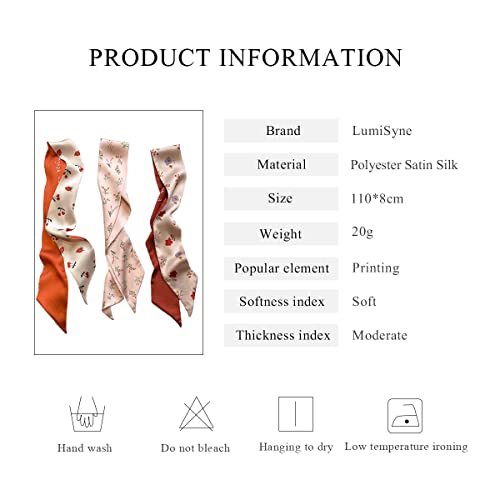 3 Packs Skinny Silk Scarf Women Girls Narrow Long Neckerchief Floral Print Polka Dot Pattern Satin Slim Ribbon Scarf 7