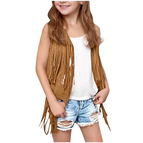 wodceeke Boys Girls Fringe Vest Kids Western Cowgirl Suede Tassels Vest 70s Hippie Sleeveless Cardigan Waistcoat 3-12 Years