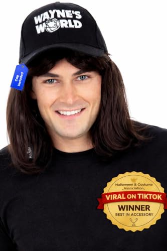 ALLAURA Compatible with Waynes World Wig and Hat Black Mullet Wig with Waynes Cap for Men 80s Rocker Costume Heavy Metal Look 1980s Party Outfit Funny Halloween or Couples Costume Accessory