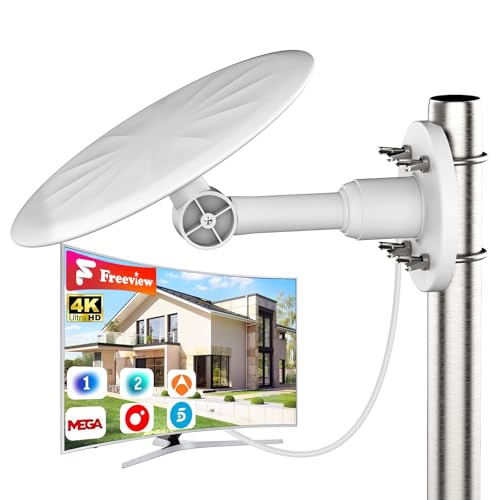 Antena TV Exterior 2026 Mejorada, Recepción HD y 4K con Cobertura 720°, Señal de Largo Alcance, Cable Coaxial 10m, Instalación Sencilla en Tejados, Paredes y Terrazas, Compatible con Smart TV(Blanco)