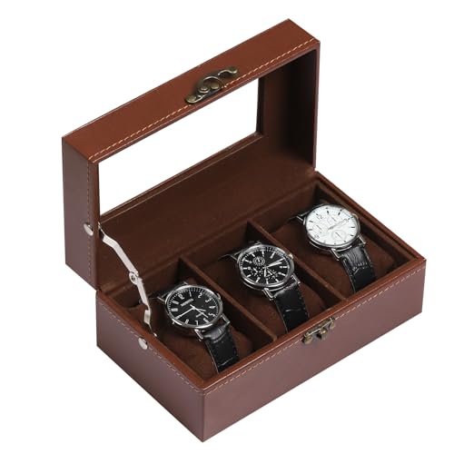 AUTOARK Leather & Velvet 3 Watch Box Glass Top Jewelry Display Lockable Case Organizer,Removable Watch Pillows,Coffee,MKAW093