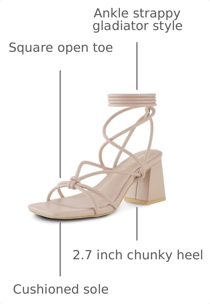 Image of Shoe'N Tale Lace Up Heels for Women Ankle Strappy Gladiator High Heeled Sandals Chunky Block Heel Square Open Toe Criss Cross Dress Shoes