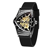 DAXIAOYU Triangle Skeleton Automatic Watch for Men Gold Sports Mechanical Watches Luxury Rubber Strap Luminous (Black Gold)