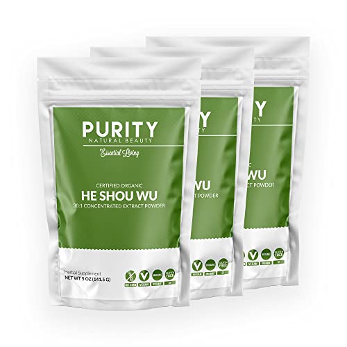 Purity Natural Beauty Certified Organic He Shou Wu - Large 5oz Bag of 30:1 Concentrated-Fo-ti - Organic Foti Extract- Fo ti He Shou Wu Organic (Pack of 3-15 Ounces)