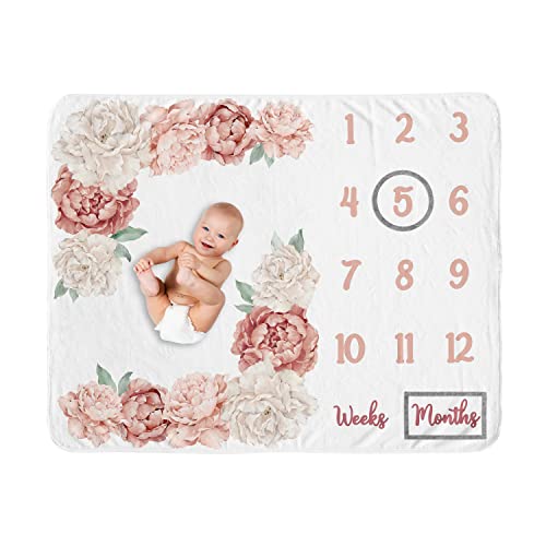 Image of Sweet Jojo Designs Blush Pink Boho Shabby Chic Floral Girl Baby Milestone Blanket Newborn Monthly First Year Photo Growth Chart Infant Memory Gift Set Off White Bohemian Vintage Garden Flower Elegant