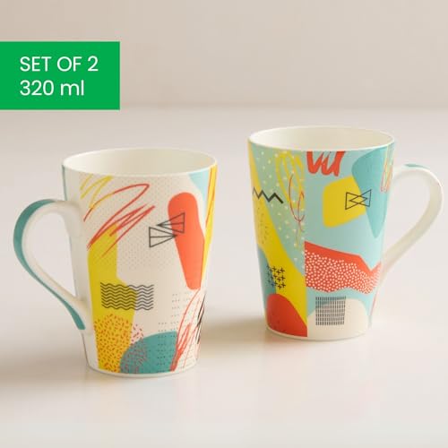 Image of United Colors of Benetton Bone China Coffee Mug Set of 2 - 320ml Each, Printed Tea Cups for Coffee, Milk & Hot Beverages - Microwave & Dishwasher Safe, Ideal Gift Set for Home & Office