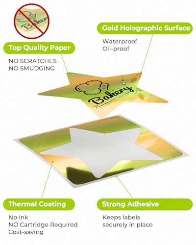 Image of 500 Sheets 3 Inch Golden Star Holographic Thermal Labels, Waterproof Self-Adhesive Direct Thermal Printer Labels for Name Tag, DIY, QR Code, Compatible with MUNBYN,JADENS, ect Printer