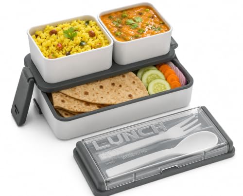 Image of Double Decker 3 Compartment Lunch Box for School & Office, Lunch Box with Cutlery and Lid,Microwave Safe Lunch Boxes | Grey - 1400 ML
