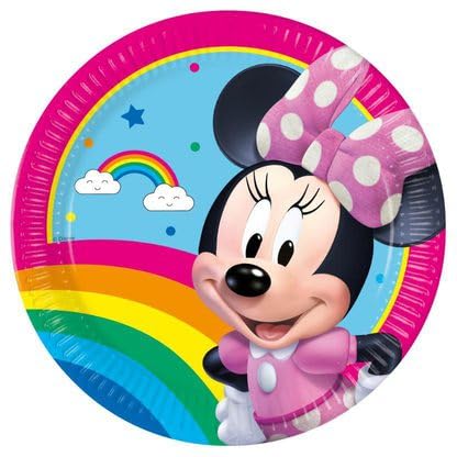 Procos Lot de 8 assiettes jetables en carton Minnie Mouse Rainbow - Taille 23 cm - Pour fête d'anniversaire d'enfant