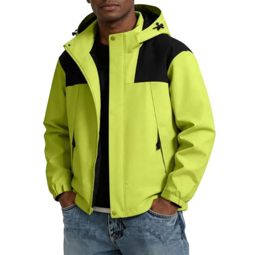 Image of Color Block Waterproof Hooded For Men Rain Shell Jacket Windproof Coat With Adjustable Drawcord Hood & Velcro Cuffs Packable Zip Up Hiking Camping And Fishing Outdoor Activities Fluorescent Green S