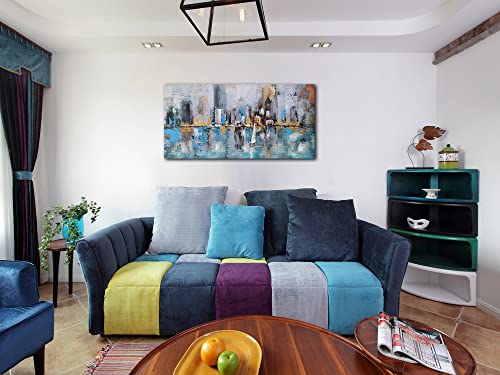 Acocifi Wall Art Abstract Skyline Canvas New York Skyline Seascape Painting Sailboats Picture Textured Teal And Gold Artwork Framed For Living Room Bedroom Bathroom Office Home Decor 40"X20" #TOP1