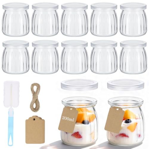 Hejo 12 Piezas Vasos Yogurtera con Tapa, 200ml Tarros de Yogur con Tapa Reutilizables, Frascos de...