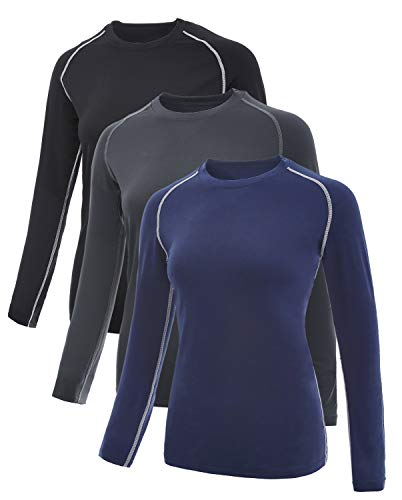 SILKWORLD Women's 3 Pack Compression Shirts Dry Fit Athletic Running Long-Sleeved Sports Workout Baselayer, 3 Pack: Black, Dark Grey, Navy Blue, Medium