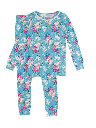 RuffleButts SoftSnooze Viscose from Bamboo Girls Ruffle Long Sleeve Pajama Set - Fancy Me Floral Kids, 9/10