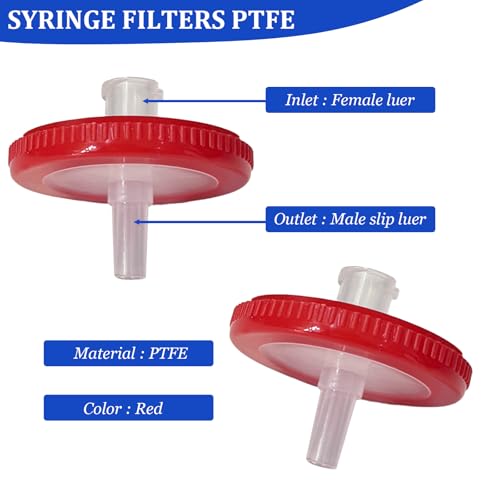 Image of 100 Count Syringe Filters, PTFE 25mm Diameter 0.22um Pore Size (Red) | PTFE Hydrofilic Membrane 25mm Diameter 0.22um Pore Size, Syringe Lab Filters, Non Sterile Filtration (Red)