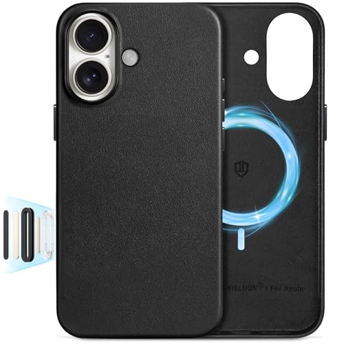 SHIELDON Genuine Leather Case for iPhone 16 6.1', [Camera Button Updated], Compatible with MagSafe, Magnetic Wireless Charging/Anti-Scratch/Shockproof/Metal Button/Camera Bump Frame/Slim Cover - Black