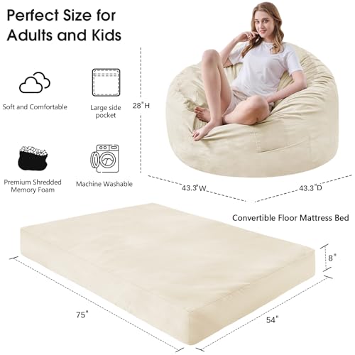 Bean Bag Chairs for Adults - Giant Bean Bag Chair Convertible Bean Bag Bed - Beanbag Chair with Micro Fiber Cover/Furniture Foam Filler - Floor Couch Sofa in Bedroom Dorm Room - Full Beige