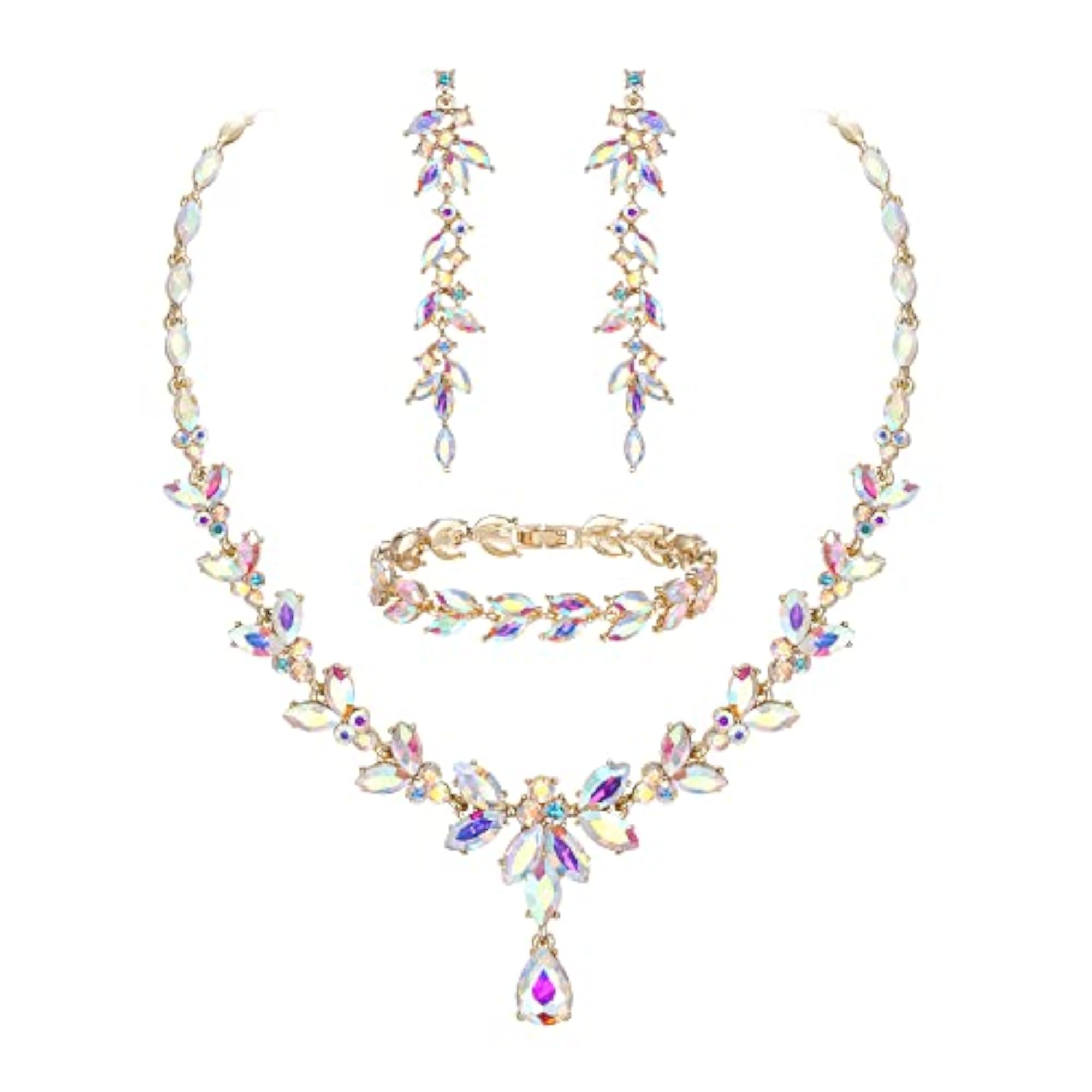 Women's Elegant Austrian Crystal Flower Wave Necklace & Bracelet Set