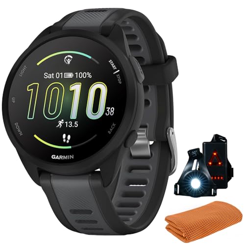 Garmin 010-02863-20 Forerunner 165 Smart Sport Watch, negro + gris pizarra, modelo oficial de Estados Unidos, paquete con toalla deportiva + luz de seguridad delantera y trasera Deco Essentials