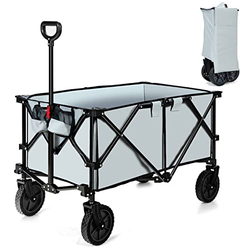 COSTWAY Folding Camping Wagon, Collapsible Beach Garden Trolley with Cup Holders and Adjustable Handle, Canvas Transport Utility Cart for Shopping Gardening Sporting Events (Grey)