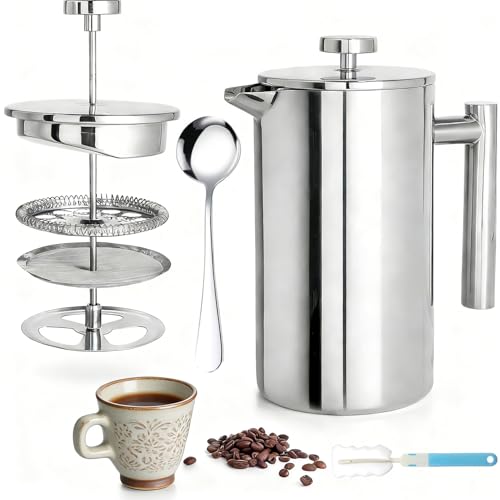 Catálogo de Prensa Francesa Walmart los preferidos por los clientes. 42 Sugarzoon Prensa Francesa de Acero Inoxidable Doble Pared 1000ml, Cafetera de Émbolo con 2 Filtros Premium + Cuchara + Cepillo, Temperatura Constante para Café y Té, Portátil y...